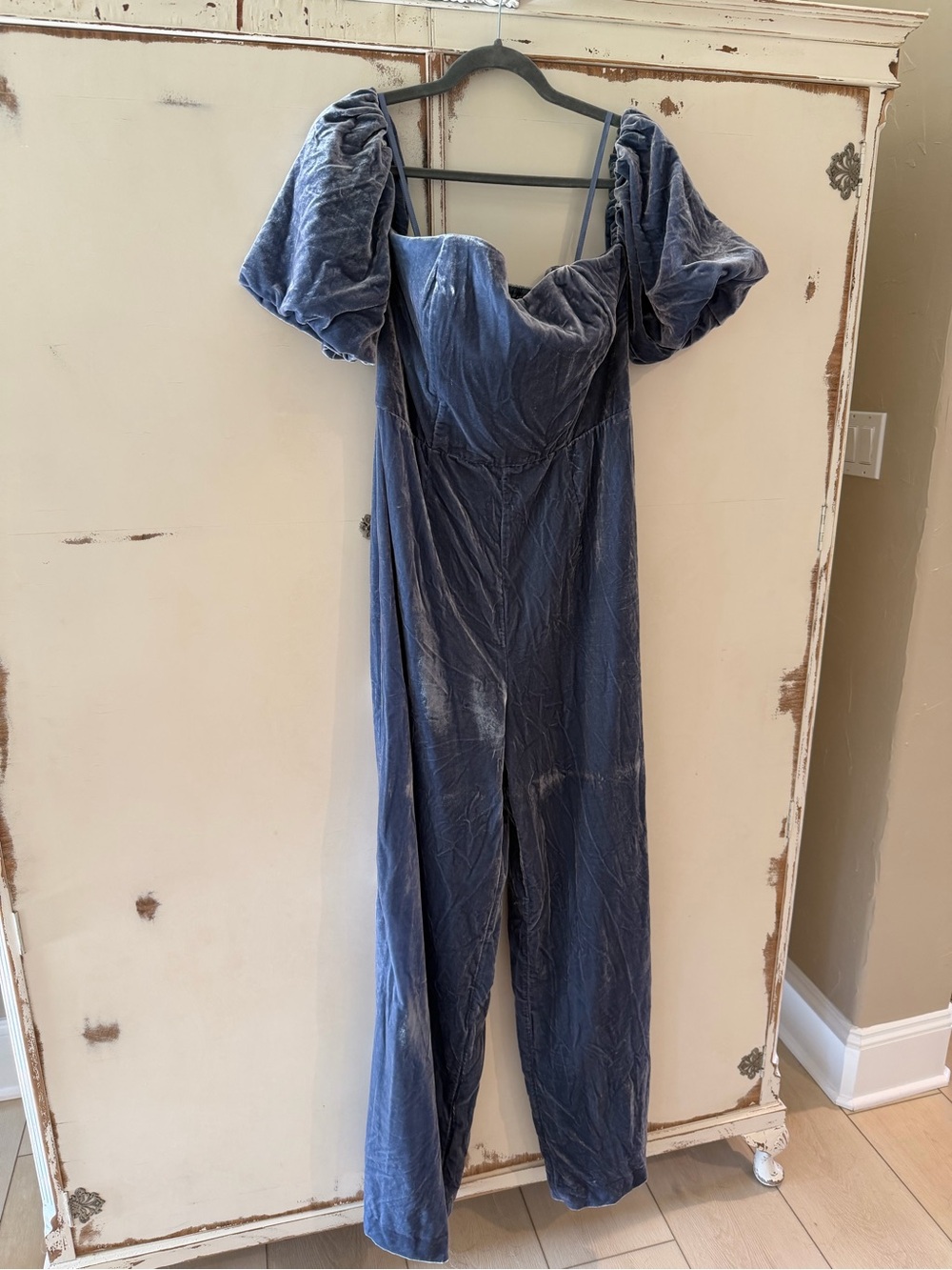 Anthropologie Velvet Puff-Sleeve Jumpsuit in Dusty Blue